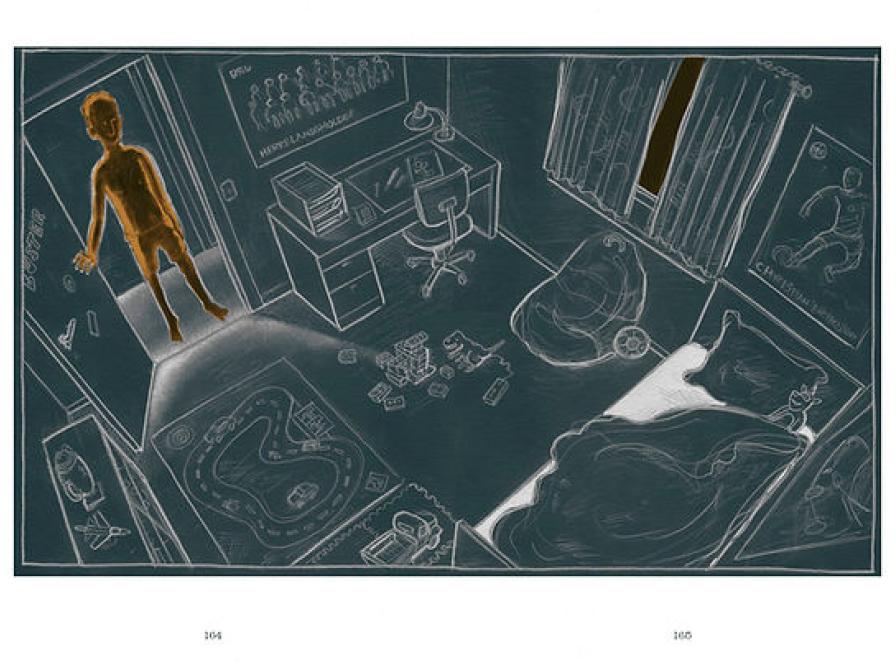 Tegning af værelse fra tegneserien Buster af Rasmus Julius